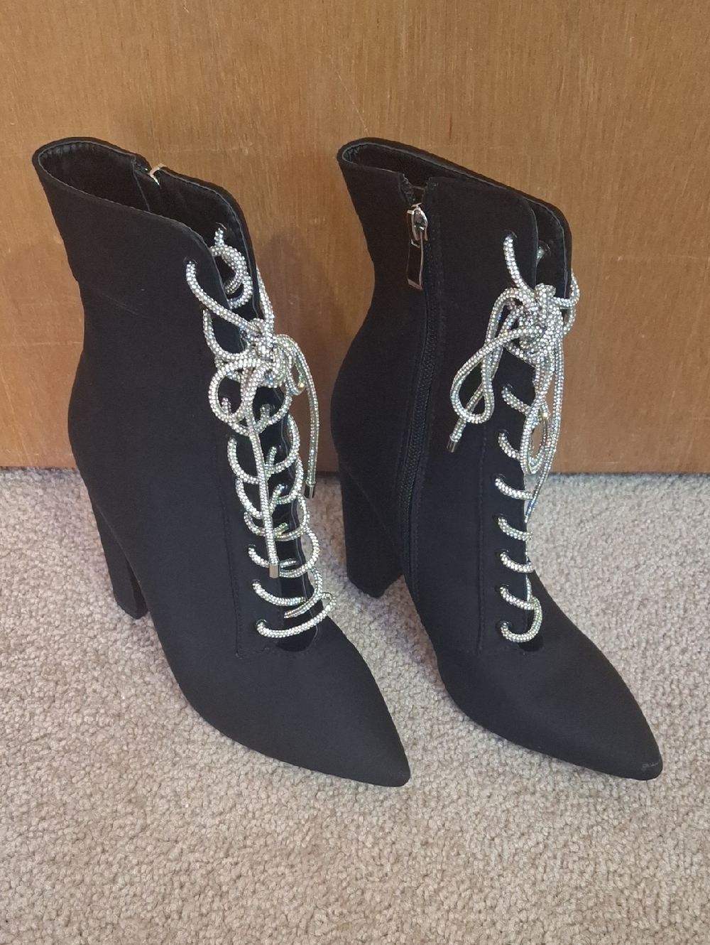 Black Women's Rhinestone Lace-Up Pointed Toe Ankle Boots